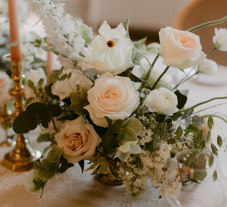 White and pastel pink floral bouquets for Markree Castle wedding reception