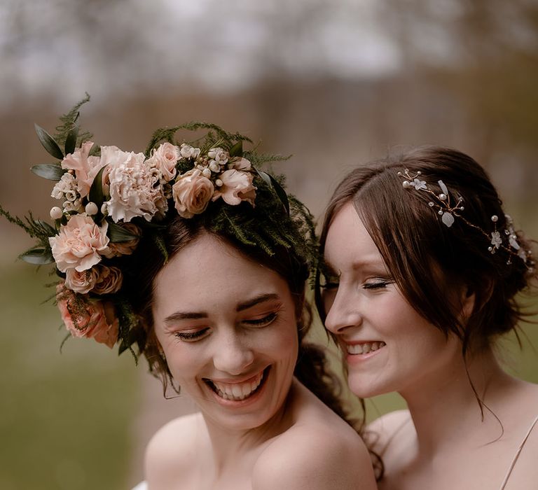 LGBTQI+ couple at ethereal style shoot at Mapledurham with flower crown and hair vine hair accessories 