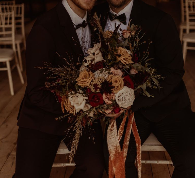 Grooms in black tie for their gay autumnal wedding holding a bouquet tied with a velvet ribbon 