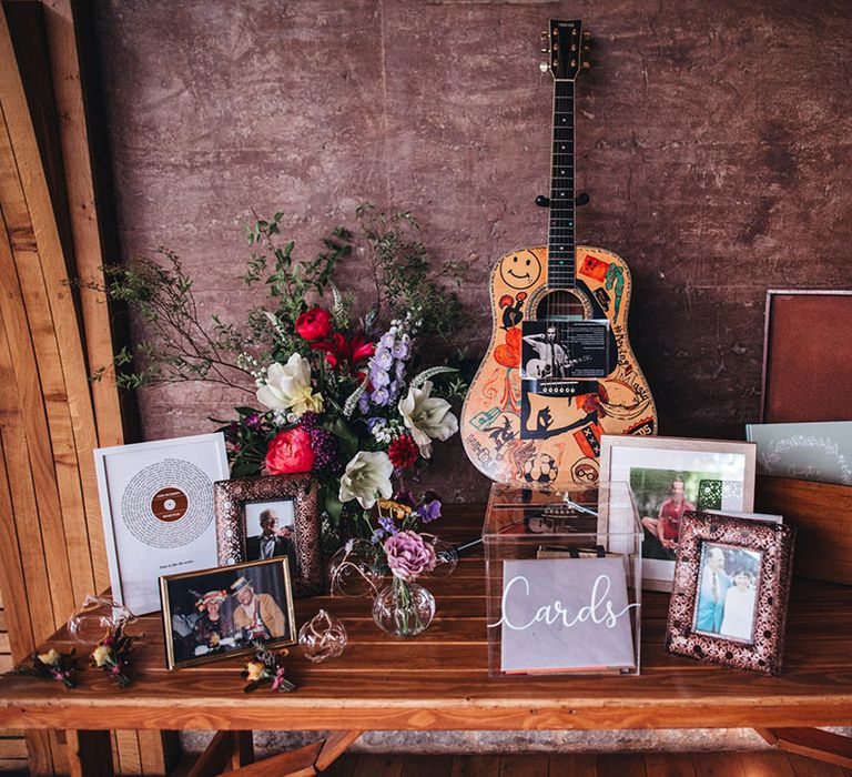 Wooden box for the wedding guest book and acrylic box for the wedding cards with Kate's brother Liam's guitar 