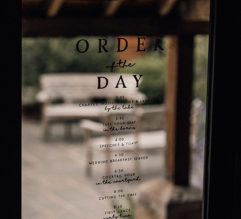 Mirror order of the day wedding sign for modern contemporary Hanley Hall Worcestershire wedding venue 