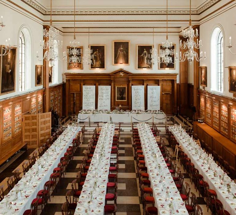 Reception room of Inner Temple Hall wedding venue with long classic wedding tablescapes and classic wedding high table with minimalist monochrome wedding banners