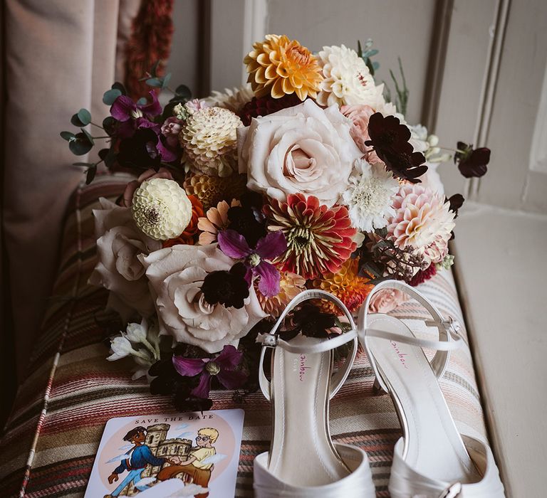 Autumnal wedding flower bouquet with white block heel for October wedding 