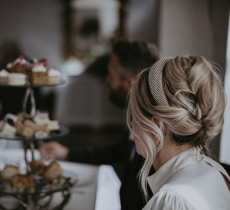 Pinned bridal up do and wedding headband 