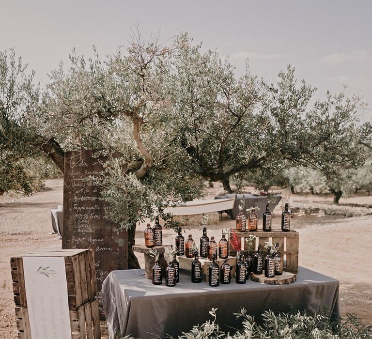 Wedding reception seating details on glass bottles