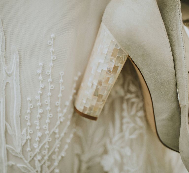 Mother of pearl block heels on Freya Rose wedding shoes 