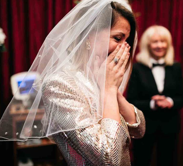 Emotional bride at Little White Wedding Chapel ceremony