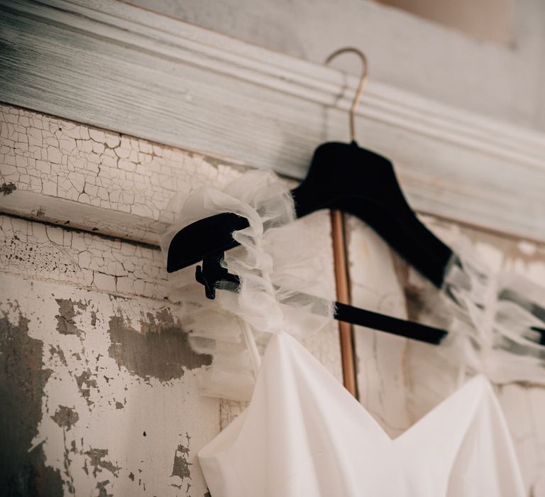 Delicate ruffle strap details on Halfpenny London wedding dress