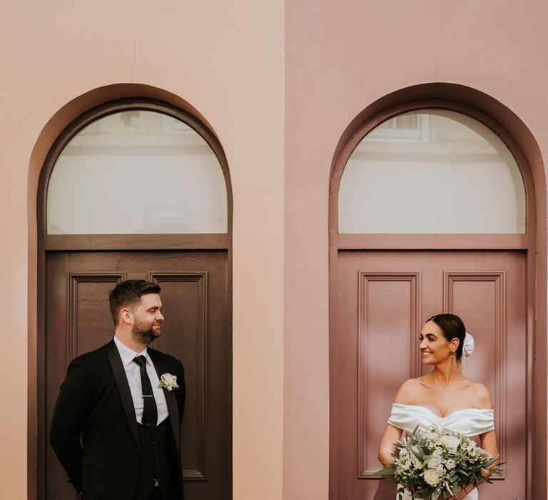 Bride and groom at city wedding in Derry 