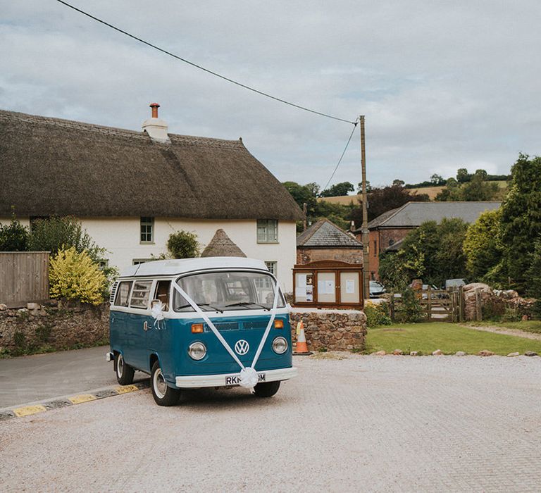 Vintage VW Camper Van in blue for beach wedding