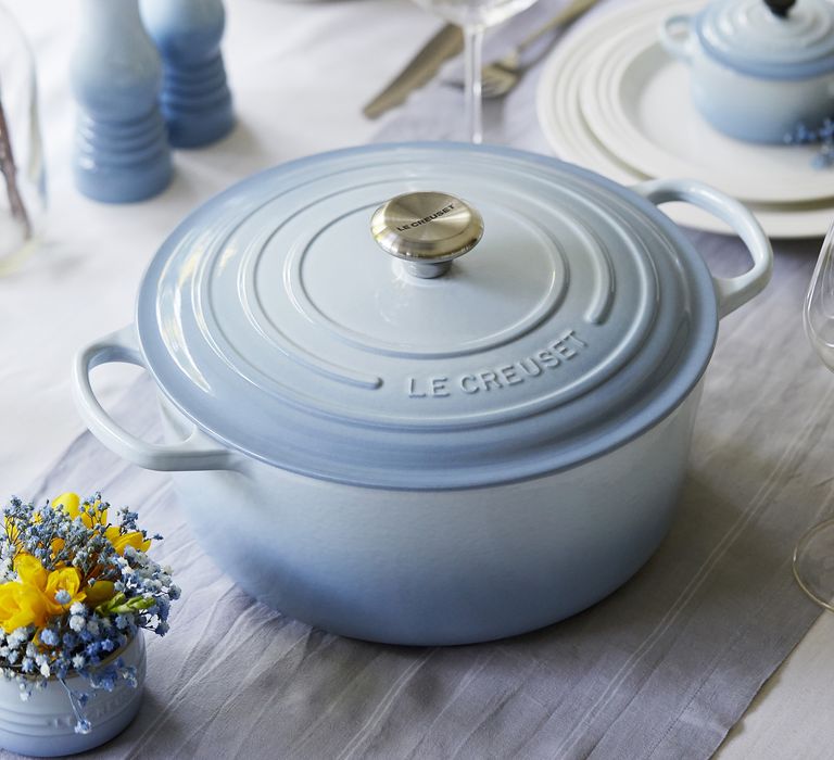 Blue Le Creuset round casserole dish