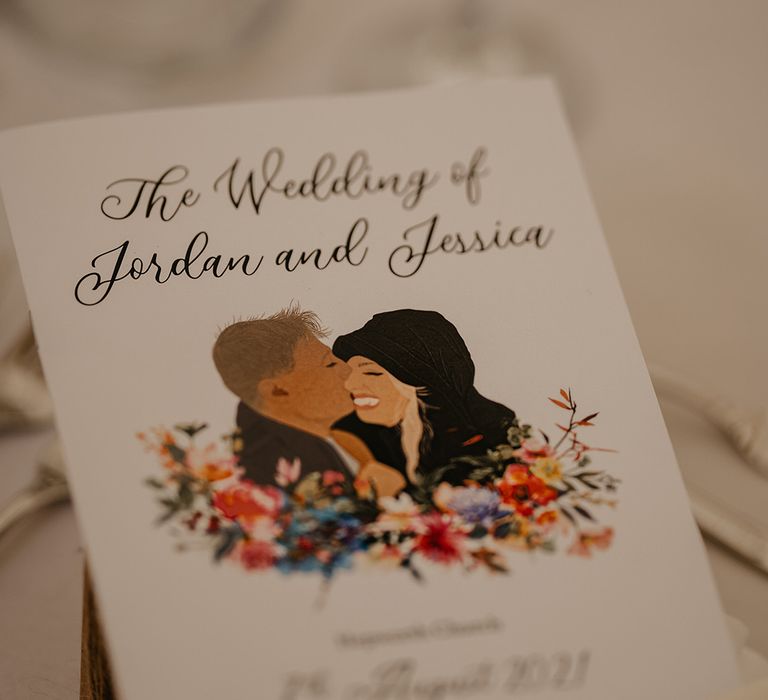 Wedding cards with personalised cartoon style drawing of the couple with floral design