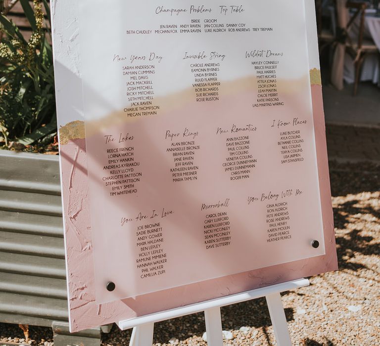 DIY wedding seating chart by the bride with a white, pink and gold background with frosted acrylic table plan signage 