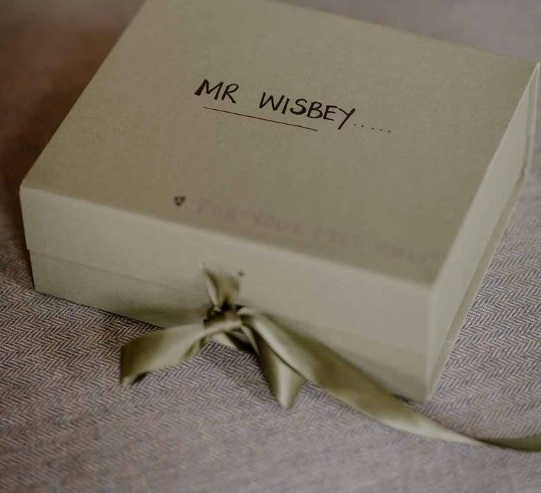 Personalised grooms gift in sage green box from bride at Elmore Court Gloucestershire wedding