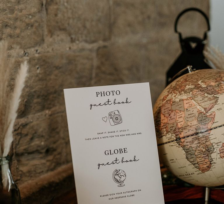 Black and white wedding guest book sign asking guests to sign the vintage globe 