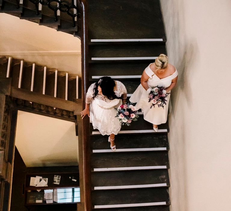 Overhead photography shot of newly wed brides