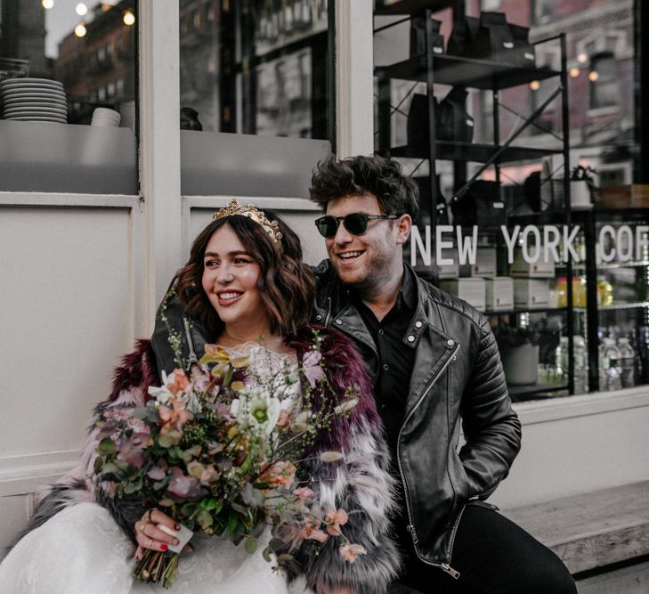 Bride & groom outside shopfront in New York 