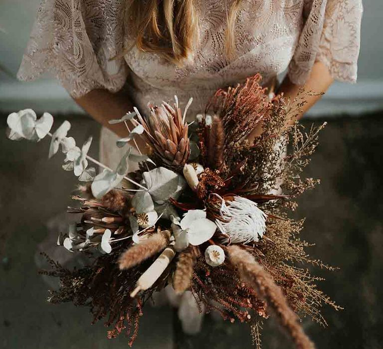 Dried flower bouquet for bride at Lusty Glaze wedding