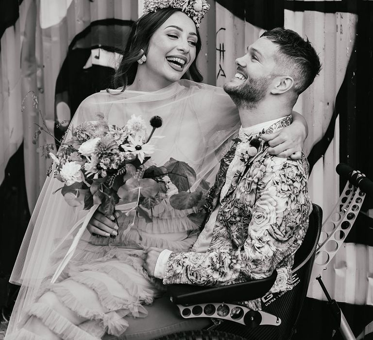 Black and white wedding portrait of interabled couple at colourful Shoreditch elopement 