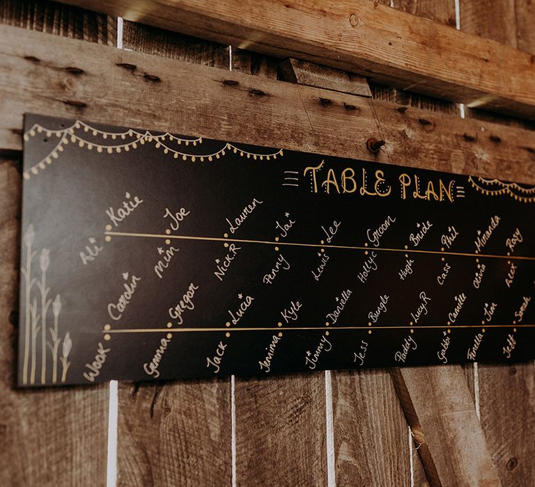 Chalkboard table plan seating chart sign with yellow and white font