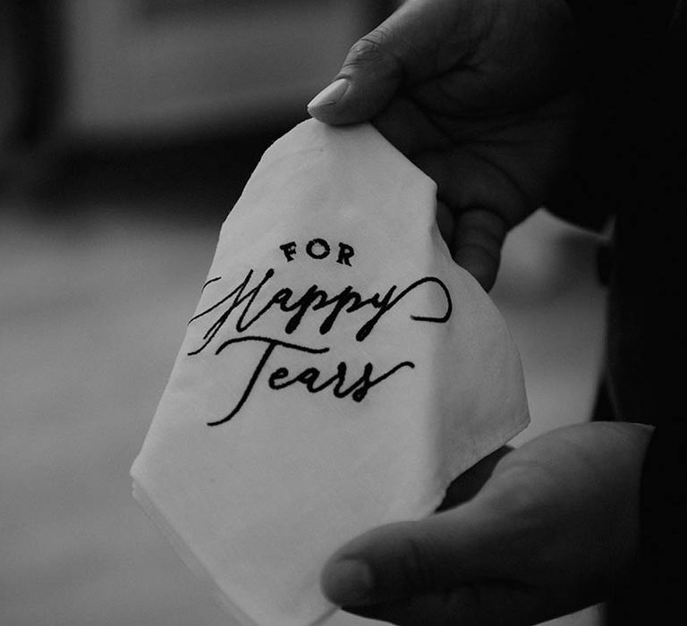 Personalised handkerchief for groom reading 'for happy tears' 