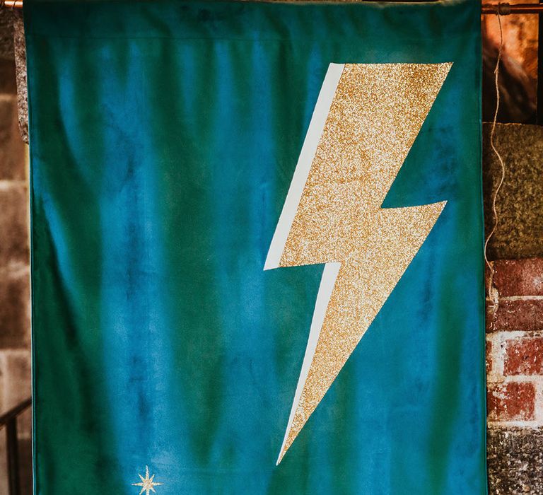 Velvet wedding banner finished with lightening bolt and 'Let's Dance' 