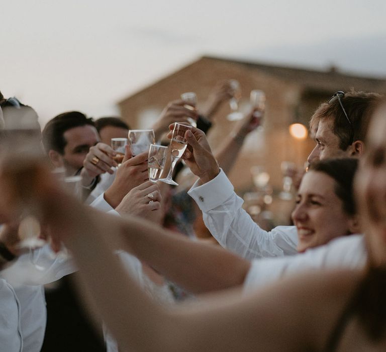 Wedding guests cheers during outdoor reception in Mas Loisonville France