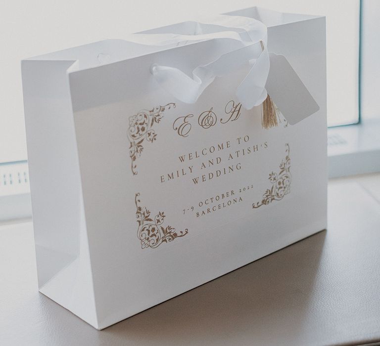 White wedding gift bag with cursive lettering 