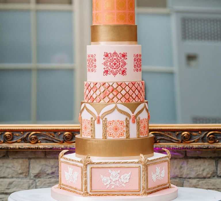 Incredible nine tier wedding cake with Moroccan styling and colours at glasshouse wedding 