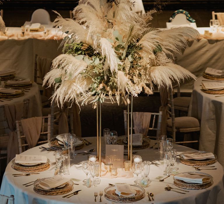 Tall white pampas grass wedding tablecentrpiece for magical winter wedding 