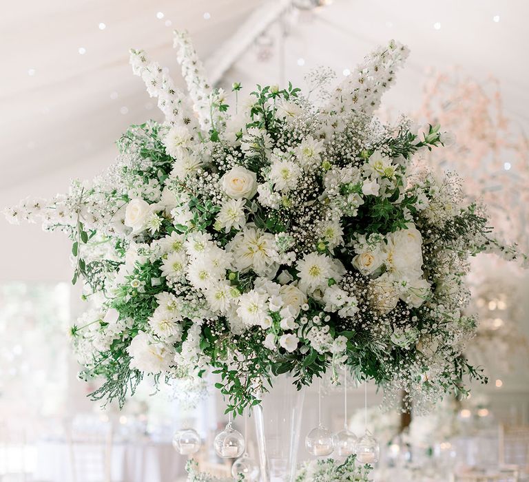 Oversized white wedding flower decoration table centrepiece idea 