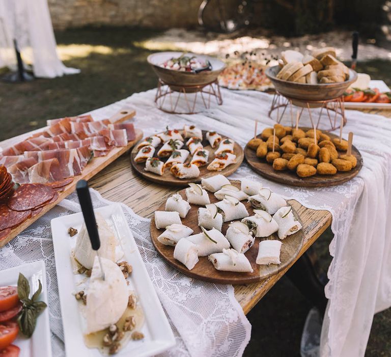 Wedding canapés and charcuterie board for guests to dig in to 