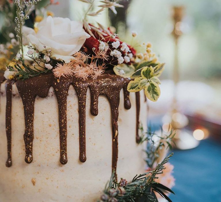 Chocolate Drip Wedding Cake with Wildflower Decor