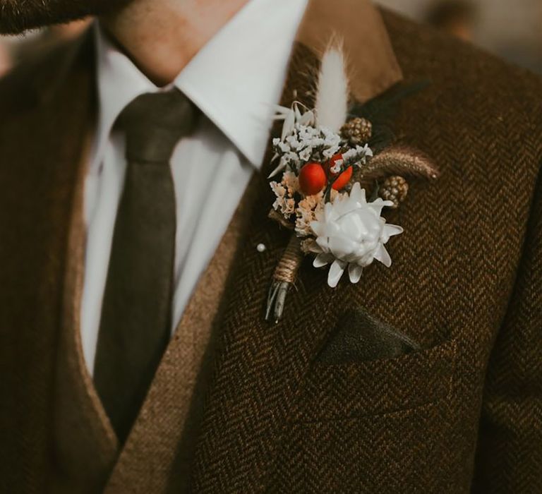 Groom's Dried Flower Boho Buttonhole For Barn Wedding