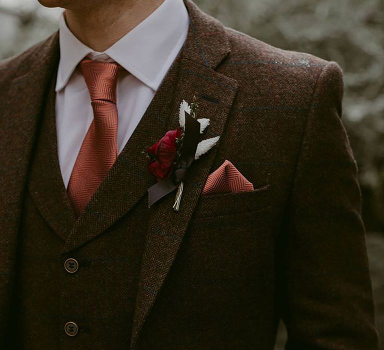 Irish Wedding at Larchfield Estate with groom wearing brown wedding suit with brown tie and pocket square