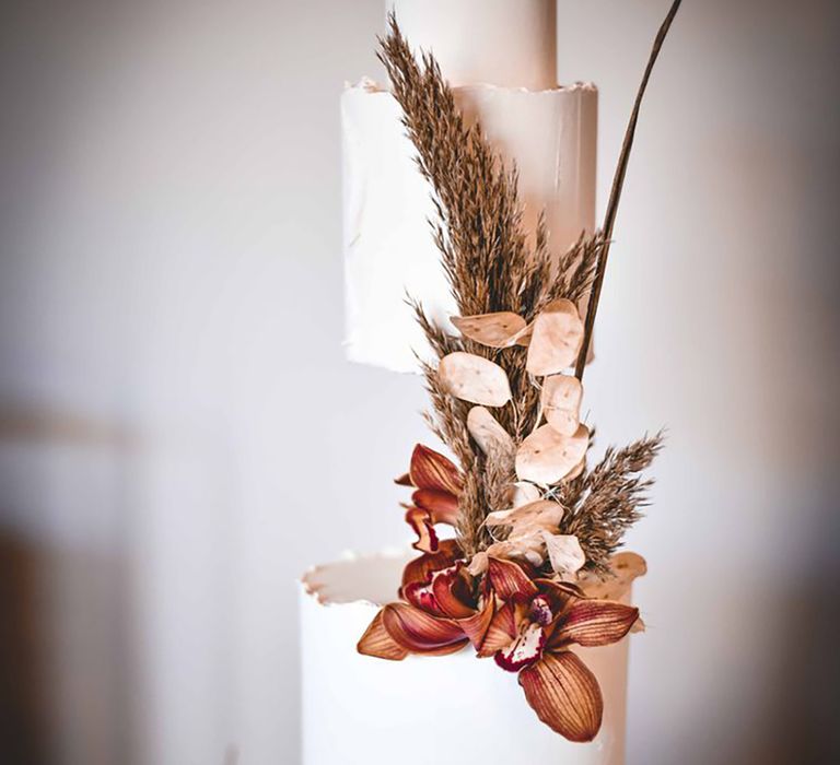 Stunning Blush Wedding Cake with Dried Grass Decor