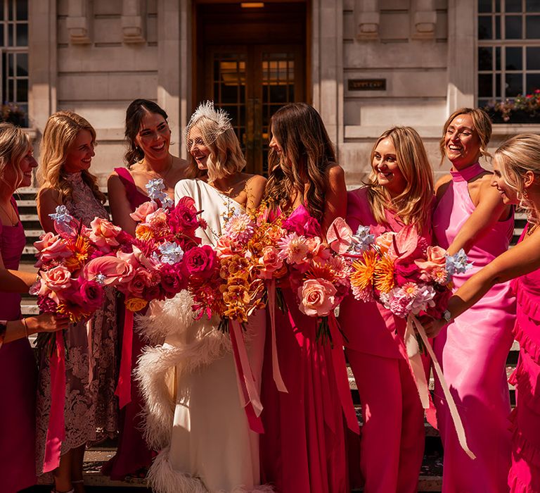 pink-bridal-party-outfits-with-matching-pink-bouquets