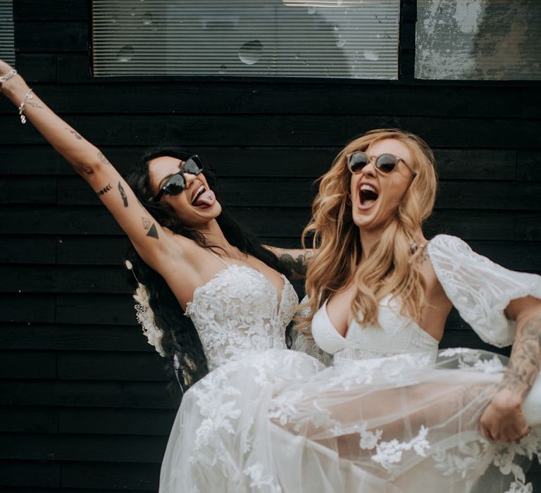 brides-in-boho-lace-wedding-dresses-at-same-sex-wedding