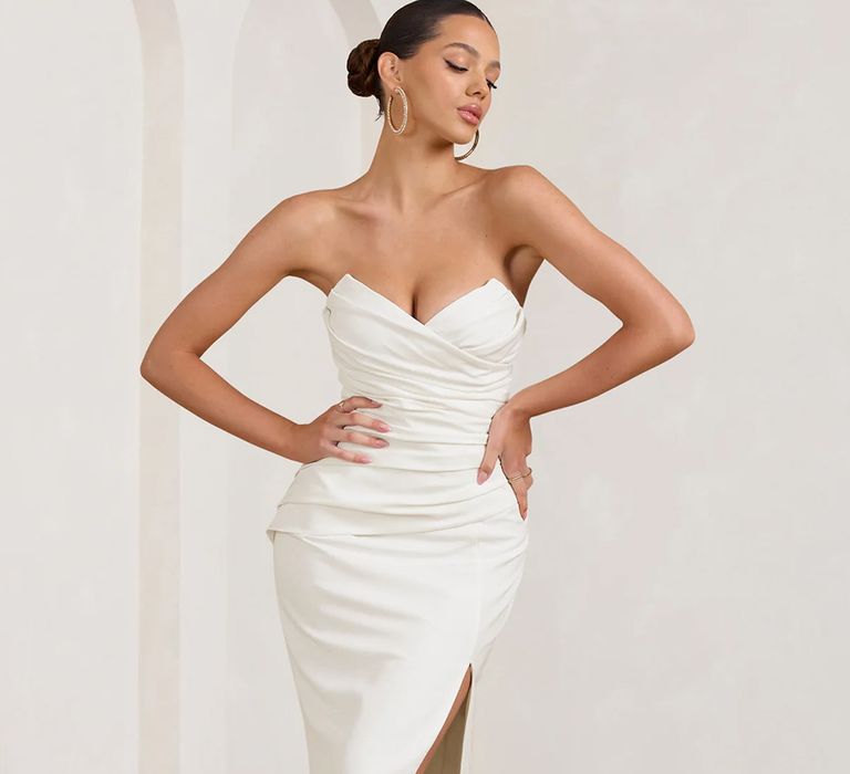 front view of white bandeau fishtail budget friendly maxi wedding dress from Club L London