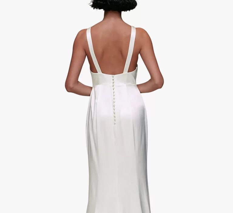 Back view of satin budget wedding dress with low back button detailing from Whistles