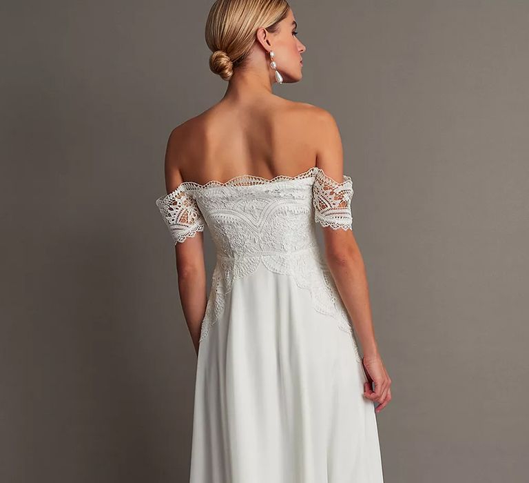 Back view of off-shoulder budget wedding dress with lace bodice from Monsoon