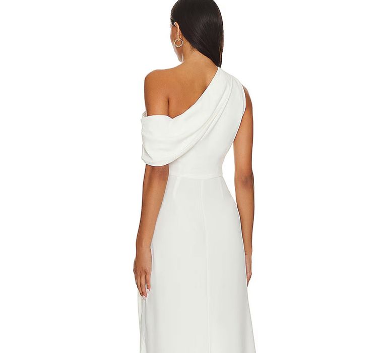 Back view of one-shoulder budget friendly wedding dress with draped detail