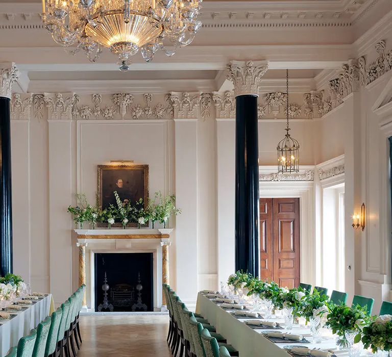 the ned luxury wedding venue in london, saloon area with long tables for wedding reception