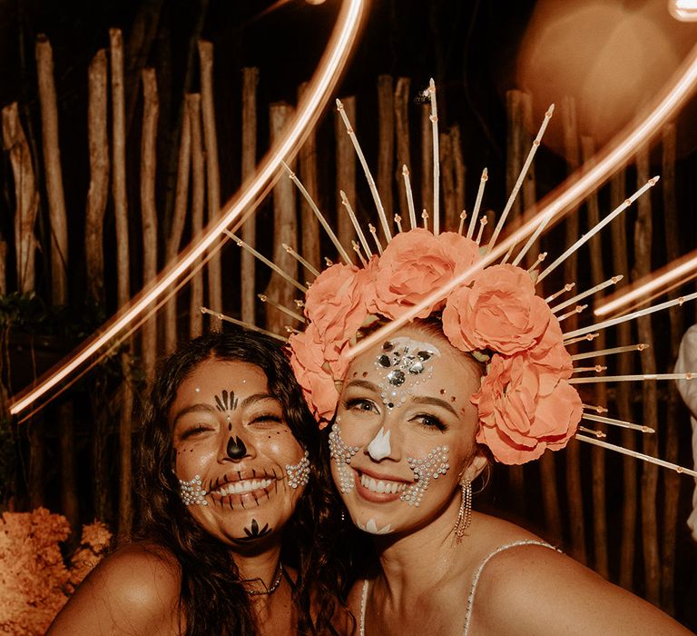 bride-wearing-rose-headband-and-gems-for-day-of-the-dead-wedding