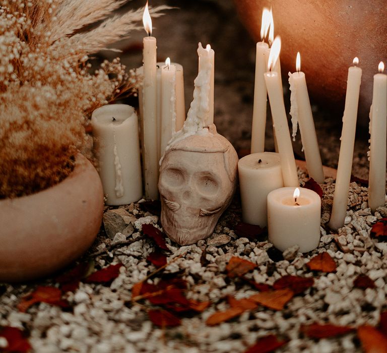 skull-decorations-with-candles-for-gothic-destination-wedding