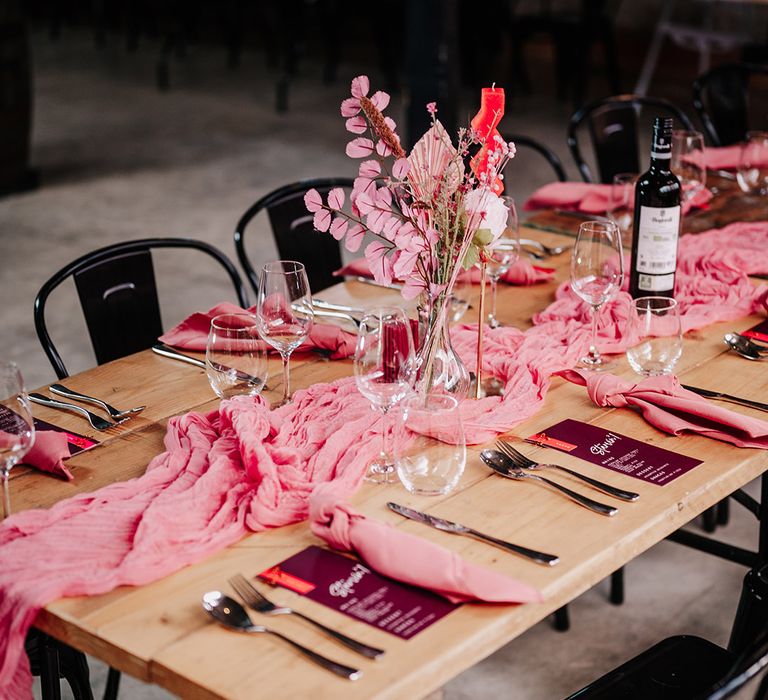 pink-wedding-table-runner-and-dyed-pink-flowers