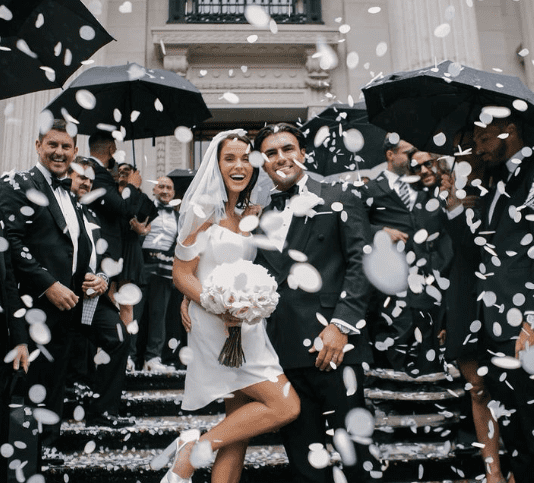 Vicky Pattison Marries Ercan Ramadan in Short Wedding Dress at The Old Marylebone Town Hall, London - Confetti Exit