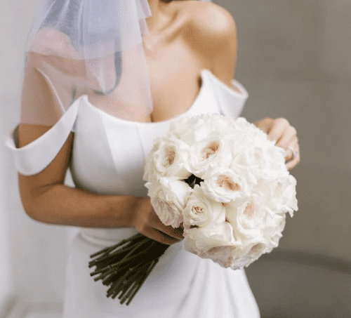 Vicky Pattison Holding White Bouquet Wearing Short Wedding Dress For London Wedding