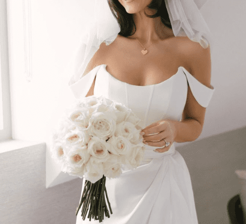 Vicky Pattison In Suzanne Neville Wedding Dress Holding White Bouquet 