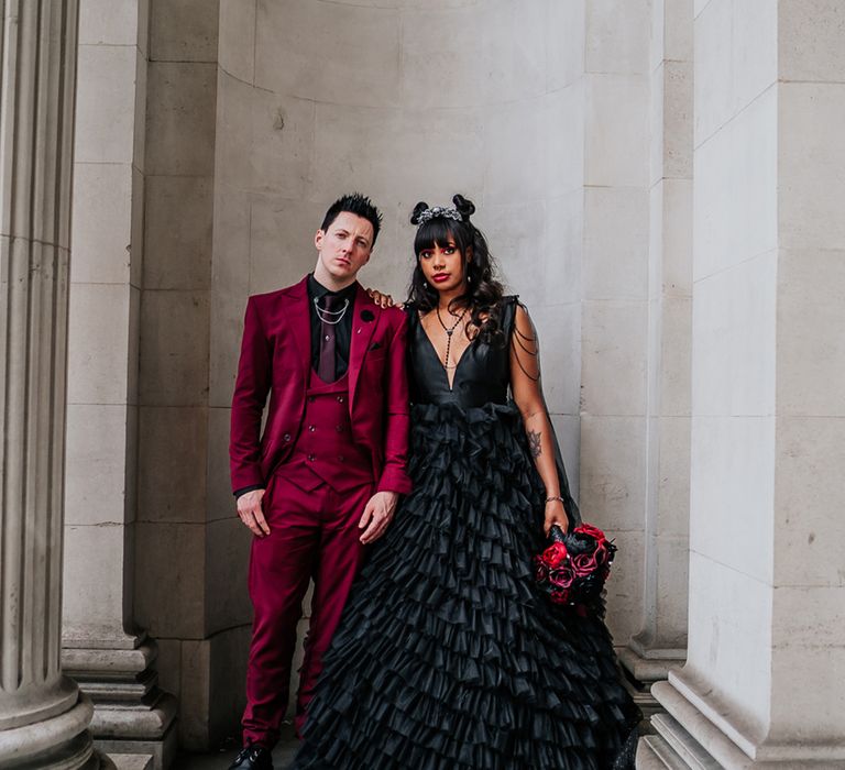 bride-in-ruffle-black-wedding-dress-with-groom-in-gothic-wedding-suit-for-halloween